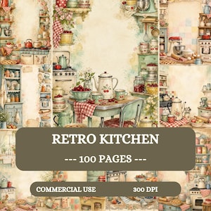 Pagine per diario di cucina retrò, kit stampabile vintage ad acquerello per la cucina, vecchie pagine stampabili, carta per scrapbooking con teiere, pentole e ricette.