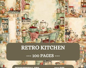 Retro köksskräpjournalsidor, akvarellutskrivbart vintagekökskit, gamla utskrivbara sidor, tekannor, kokkärl, recept, scrapbookingpapper