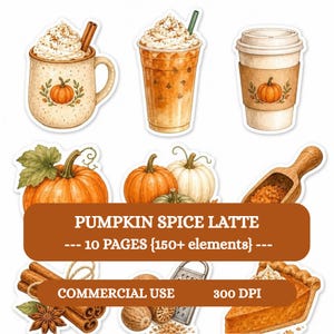 May include: A collection of digital stickers featuring pumpkin spice lattes in mugs and cups, whole pumpkins, a wooden scoop with spices, cinnamon sticks, a grater with nutmeg, and a slice of pumpkin pie, with text reading PUMPKIN SPICE LATTE.
