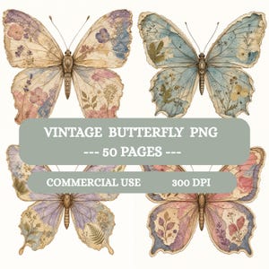 Vintage fjärilsclipart PNG, 50 antika akvarellfjärilsbilder, digitala efemera för scrapbooking, pappersclipart för dagbokshantverk