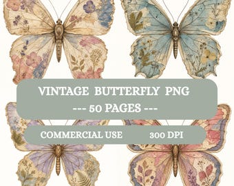 Vintage Butterfly Clipart PNG, 50 Antique Watercolour Butterfly Images, Digital Ephemera for Scrapbooking, Paper Clipart for Journals Crafts