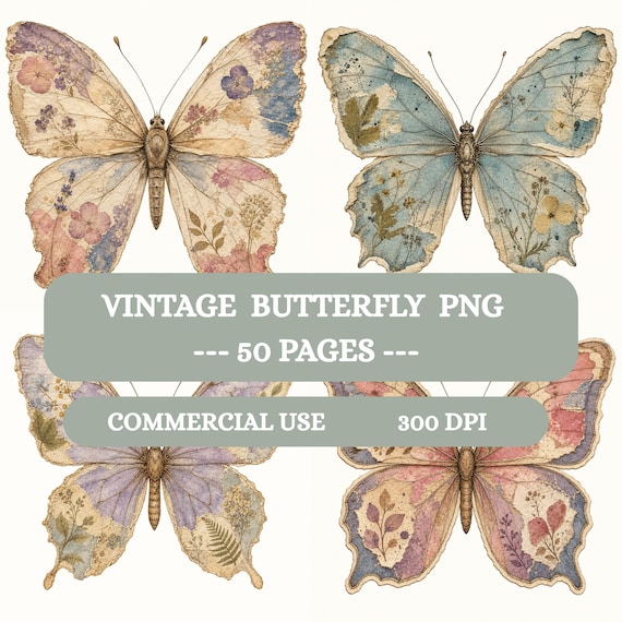 Vintage Butterfly Clipart PNG, 50 Antique Watercolour Butterfly Images, Digital Ephemera for Scrapbooking, Paper Clipart for Journals Crafts