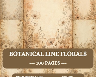 Botanische Linie Florals Junk Journal Seiten, Vintage druckbare Skizze Papiere, 100 A4 Sammelalben Ephemera, digitaler Download