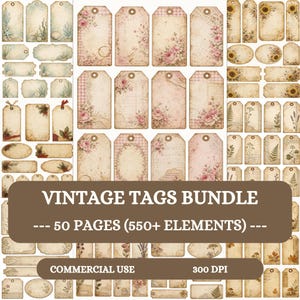 May include: A digital collection of vintage-style paper tags featuring various botanical, floral, and coastal illustrations on aged parchment backgrounds. The bundle includes 50 pages with over 550 elements, labeled VINTAGE TAGS BUNDLE.