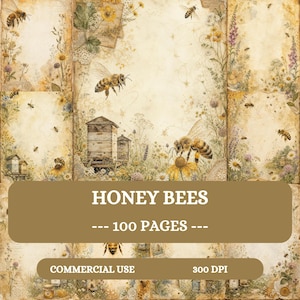 Puede incluir: Una colección de diseños de papel digital con abejas, colmenas y flores silvestres en una estética vintage de tonos sepia. El texto HONEY BEES, 100 PAGES, COMMERCIAL USE y 300 DPI está superpuesto sobre las imágenes de fondo estampadas.