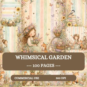 Páginas de diario creativo "Chica Jardín Fantasiosa", Kit imprimible de acuarela en tonos pastel, 100 papeles digitales A4, Página de álbum de recortes con estampado floral y rayas de animales