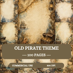 Può includere: Una collezione di fogli di carta in stile pergamena con un tema di vecchi pirati. I disegni includono illustrazioni di navi a vela, forzieri pieni di monete d'oro, ancore, lanterne, bussole e stelle marine su uno sfondo invecchiato.