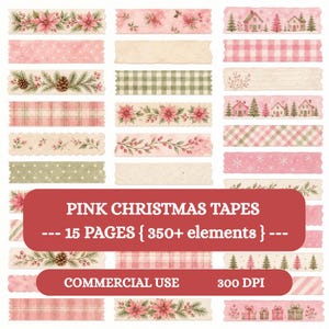 Könnte beinhalten: Eine Sammlung dekorativer Washi-Tape-Streifen mit verschiedenen rosa und grünen Weihnachtsmustern, darunter Weihnachtssterne, Tannenzapfen, Karos, Vichy, Winterhäuser und Schneeflocken. Der Text lautet PINK CHRISTMAS TAPES 15 PAGES 350+ elements COMMERCIAL USE 300 DPI.