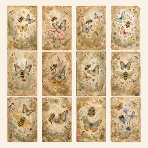 May include: A collection of twelve rectangular cards featuring vintage-style illustrations of bees, butterflies, rabbits, and wildflowers. Each card has a distressed, aged paper texture with soft, muted color palettes of brown, blue, and pink.