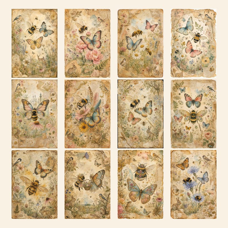 May include: A collection of twelve rectangular cards featuring vintage-style illustrations of bees, butterflies, rabbits, and wildflowers. Each card has a distressed, aged paper texture with soft, muted color palettes of brown, blue, and pink.