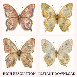 Vintage Butterfly Clipart PNG, 50 Antique Watercolour Butterfly Images, Digital Ephemera for Scrapbooking, Paper Clipart for Journals Crafts image 4