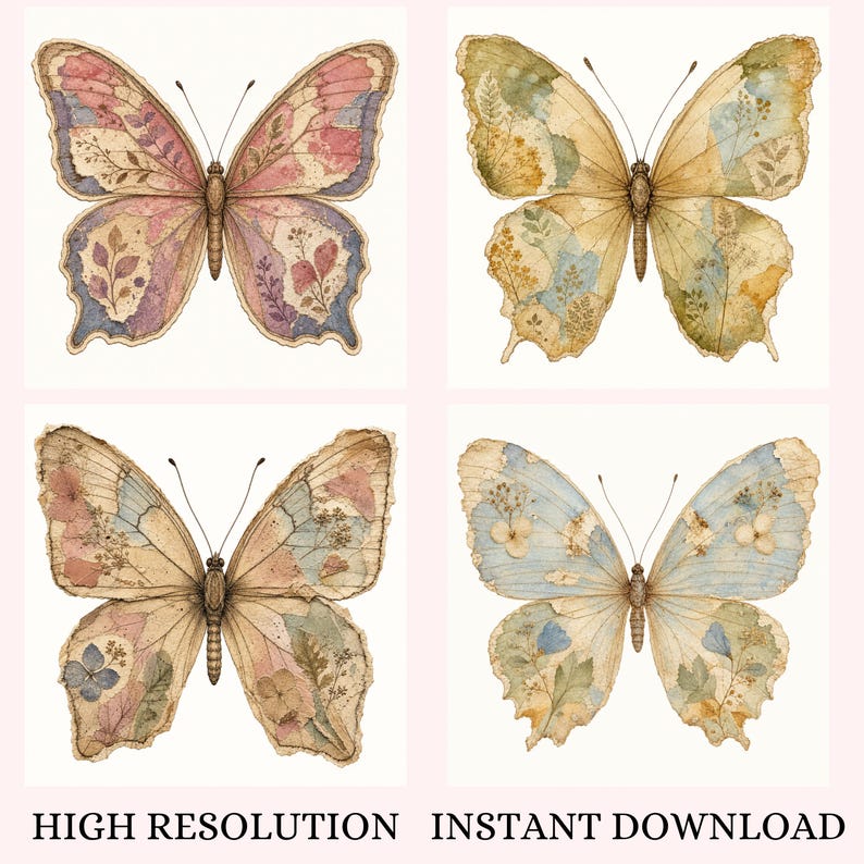 Vintage Butterfly Clipart PNG, 50 Antique Watercolour Butterfly Images, Digital Ephemera for Scrapbooking, Paper Clipart for Journals Crafts image 4