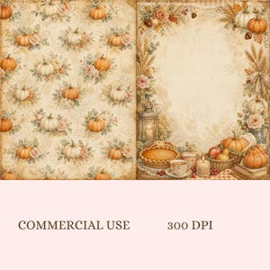 May include: Two digital paper designs featuring a cream-colored background with a repeating pattern of orange pumpkins, roses, and foliage on the left, and a border of pumpkins, wheat, a lantern, a pie, and a teacup on the right side.