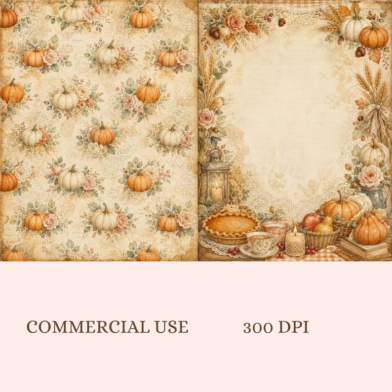 May include: Two digital paper designs featuring a cream-colored background with a repeating pattern of orange pumpkins, roses, and foliage on the left, and a border of pumpkins, wheat, a lantern, a pie, and a teacup on the right side.