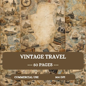 Może przedstawiać: Cyfrowy zestaw papierów zatytułowany VINTAGE TRAVEL zawierający 50 stron kolaży w odcieniach sepii. Projekt obejmuje zabytkowe mapy, pocztówki z zabytkami takimi jak wieża Eiffla, stare aparaty fotograficzne, pociągi i walizki.