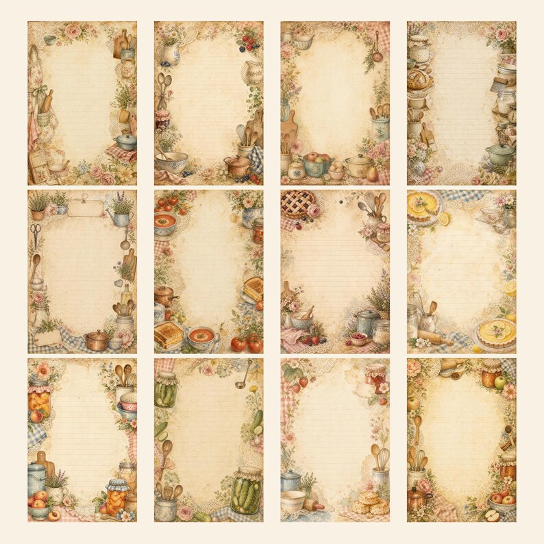 May include: A set of twelve rectangular stationery sheets featuring a vintage-style cream background with horizontal lines. Each sheet is decorated with a border of kitchen-themed illustrations including pots, pans, jars, fruits, and flowers.
