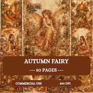 May include: A digital collection of 50 pages titled AUTUMN FAIRY, featuring detailed illustrations of fairies in woodland settings with fall foliage, pumpkins, forest animals, lanterns, and cozy scenes in warm orange, brown, and gold tones.