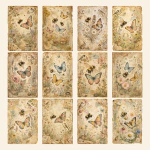 May include: A set of twelve rectangular paper sheets featuring vintage-style illustrations of butterflies, bees, small birds, rabbits, and wildflowers. Each piece has a distressed, aged parchment appearance with muted, earthy color tones.