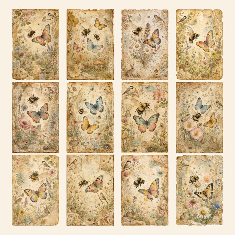 May include: A set of twelve rectangular paper sheets featuring vintage-style illustrations of butterflies, bees, small birds, rabbits, and wildflowers. Each piece has a distressed, aged parchment appearance with muted, earthy color tones.