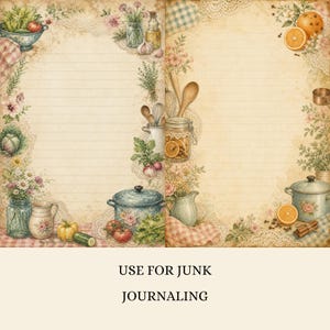 May include: Two sheets of lined stationery featuring a vintage kitchen theme with illustrations of vegetables, fruits, herbs, jars, and cooking utensils. The paper has a sepia-toned, aged appearance with lace accents and the text USE FOR JUNK JOURNALING.