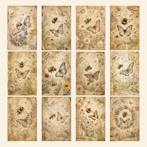 Bees and Butterflies Junk Journal Pages, 100 A4 Printable Nature Watercolour Papers, Whimsical Garden Digital Papers, Scrapbook Collage image 7