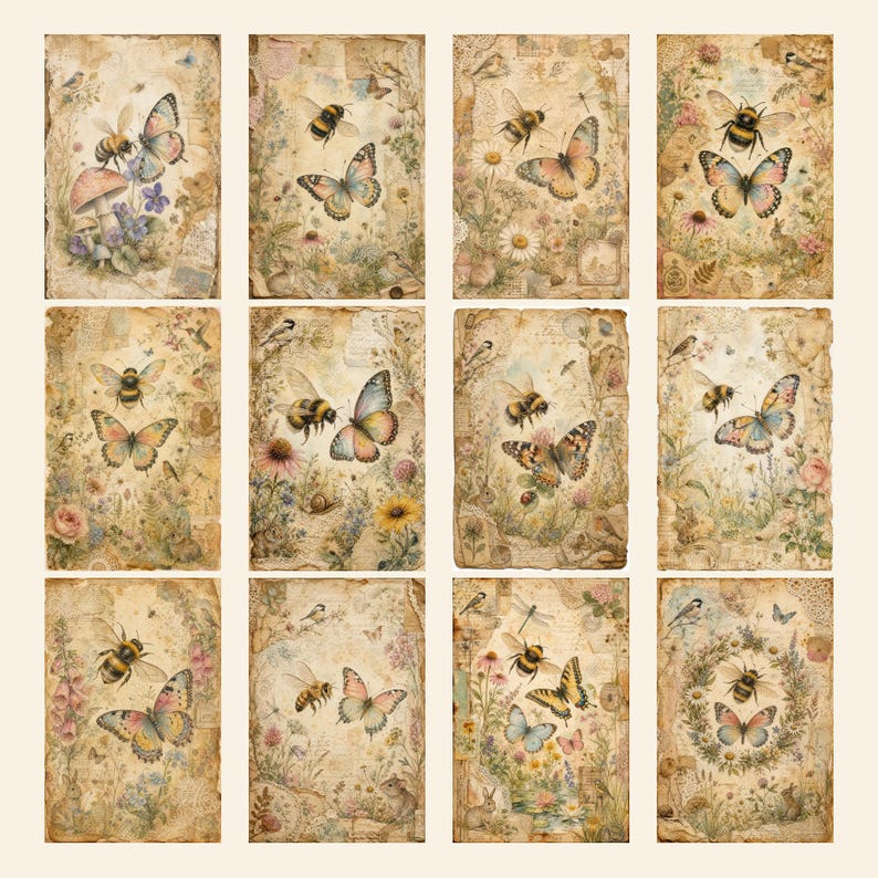 Bees and Butterflies Junk Journal Pages, 100 A4 Printable Nature Watercolour Papers, Whimsical Garden Digital Papers, Scrapbook Collage image 7