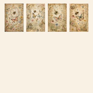 May include: A set of four rectangular prints featuring vintage-style illustrations of bumblebees, colorful butterflies, small rabbits, and wildflowers on a textured, aged parchment background with subtle script and botanical elements.