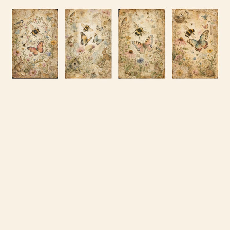 May include: A set of four rectangular prints featuring vintage-style illustrations of bumblebees, colorful butterflies, small rabbits, and wildflowers on a textured, aged parchment background with subtle script and botanical elements.