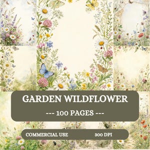 Może przedstawiać: Kolekcja arkuszy papieru cyfrowego z akwarelowymi ilustracjami polnych kwiatów, stokrotek, koniczyny i motyli. Tekst GARDEN WILDFLOWER, 100 PAGES, COMMERCIAL USE oraz 300 DPI jest nadrukowany na kwiatowe wzory.