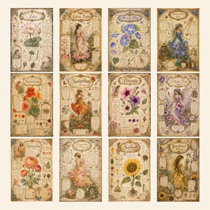 May include: A collection of twelve vintage-style botanical prints featuring illustrations of flowers and fairies. Each rectangular print includes detailed drawings of plants like lotus, morning glory, nasturtium, petunia, ranunculus, and sunflower.