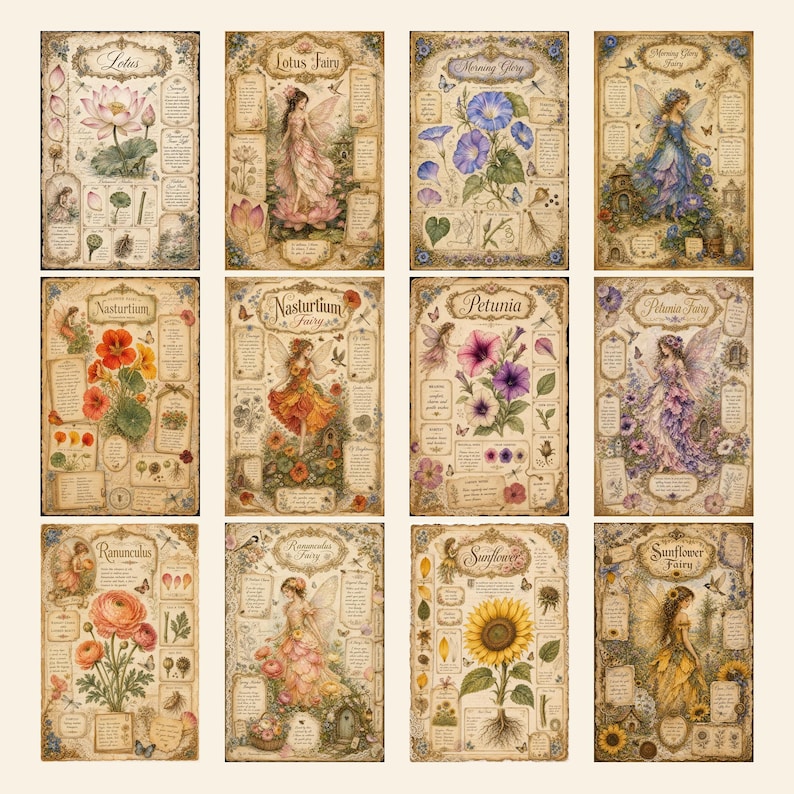 May include: A collection of twelve vintage-style botanical prints featuring illustrations of flowers and fairies. Each rectangular print includes detailed drawings of plants like lotus, morning glory, nasturtium, petunia, ranunculus, and sunflower.