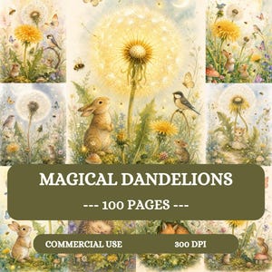 May include: A collection of digital illustrations featuring dandelions, rabbits, mice, birds, and butterflies in a soft colour palette. The image includes the text MAGICAL DANDELIONS, 100 PAGES, COMMERCIAL USE, and 300 DPI on dark green banners.