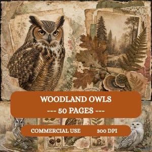 Może przedstawiać: Cyfrowy arkusz kolażowy zatytułowany WOODLAND OWLS --- 50 PAGES --- przedstawiający dużą brązową sowę, zabytkowe zdjęcia lasu, suszone liście dębu, paprocie i grzyby. Projekt zawiera tekst COMMERCIAL USE oraz 300 DPI.