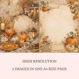 May include: Two digital scrapbook pages featuring autumn themes with pumpkins, pears, lace, and floral accents. The left page shows a house, a pie, and a candle. The right page is a lined stationery sheet with decorative borders and text boxes.