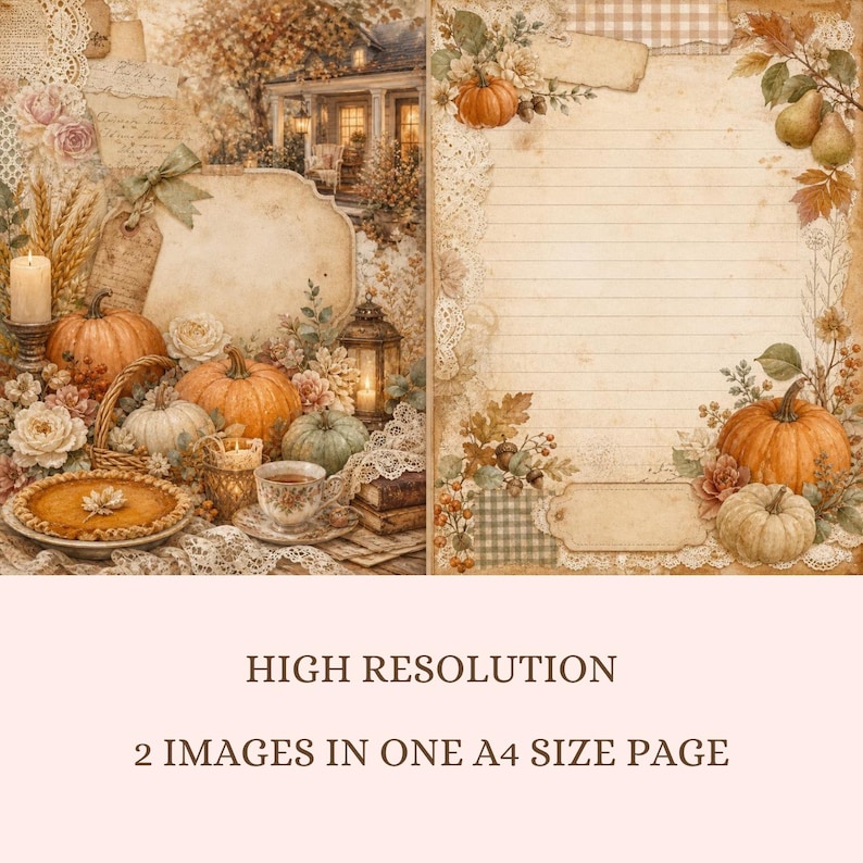 May include: Two digital scrapbook pages featuring autumn themes with pumpkins, pears, lace, and floral accents. The left page shows a house, a pie, and a candle. The right page is a lined stationery sheet with decorative borders and text boxes.