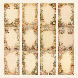 May include: A collection of twelve rectangular stationery sheets featuring a vintage-style cream background with faint horizontal lines. Each sheet is bordered by watercolor illustrations of kitchenware, including wooden spoons, pots, pans, and food.