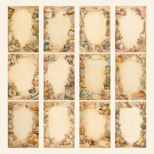 May include: A collection of twelve rectangular stationery sheets featuring lined centers and decorative borders. Each sheet displays various kitchen-themed illustrations including rolling pins, pots, pans, kettles, flowers, and food items in soft, muted tones.