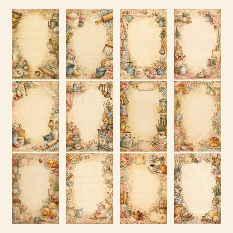 May include: A collection of twelve rectangular stationery sheets featuring lined centers and decorative borders. Each sheet displays various kitchen-themed illustrations including rolling pins, pots, pans, kettles, flowers, and food items in soft, muted tones.