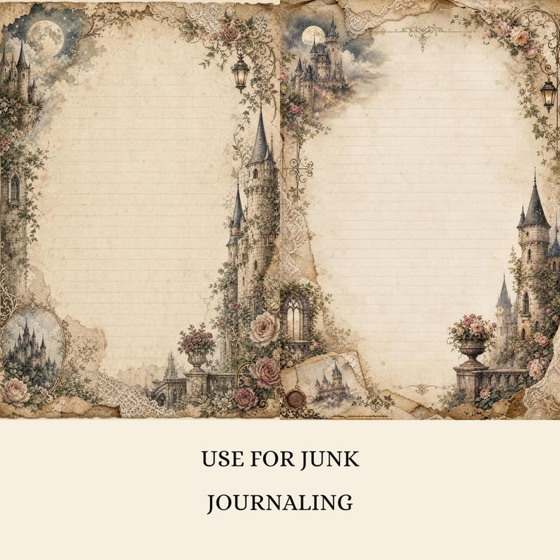 Op de afbeelding: Twee vellen gelinieerd briefpapier met een beige, verouderde perkamenttextuur. De randen zijn versierd met illustraties van stenen kastelen, bloeiende rozen, hangende lantaarns en kantpatronen onder een volle maan in de nachtelijke hemel.
