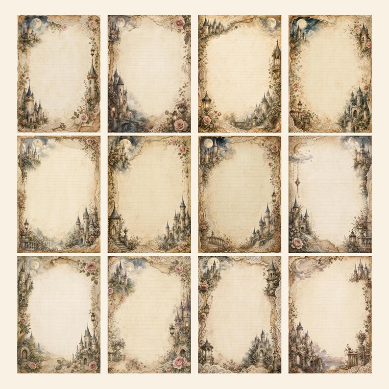 Op de afbeelding: Een verzameling van twaalf rechthoekige vellen briefpapier van verouderd, perkamentachtig papier met vage horizontale lijnen. Elk vel is omlijst door gedetailleerde illustraties van stenen kastelen, bloeiende rozen en verlichte nachtelijke luchten.