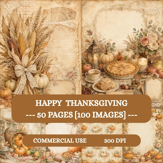 Thanksgiving Junk Journal, Shabby Chic Digital Paper, 50 A4 Printable Pages, Autumn Digital Papers, Vintage Scrapbook Ephemera.