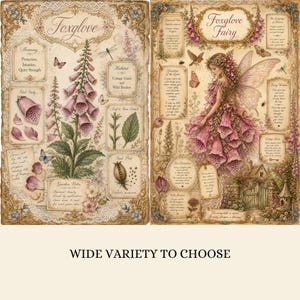 May include: Two rectangular decorative prints featuring botanical and fantasy themes. The left print displays a foxglove plant with text labels for meaning, habitat, and garden notes. The right print depicts a fairy in a foxglove dress with text.