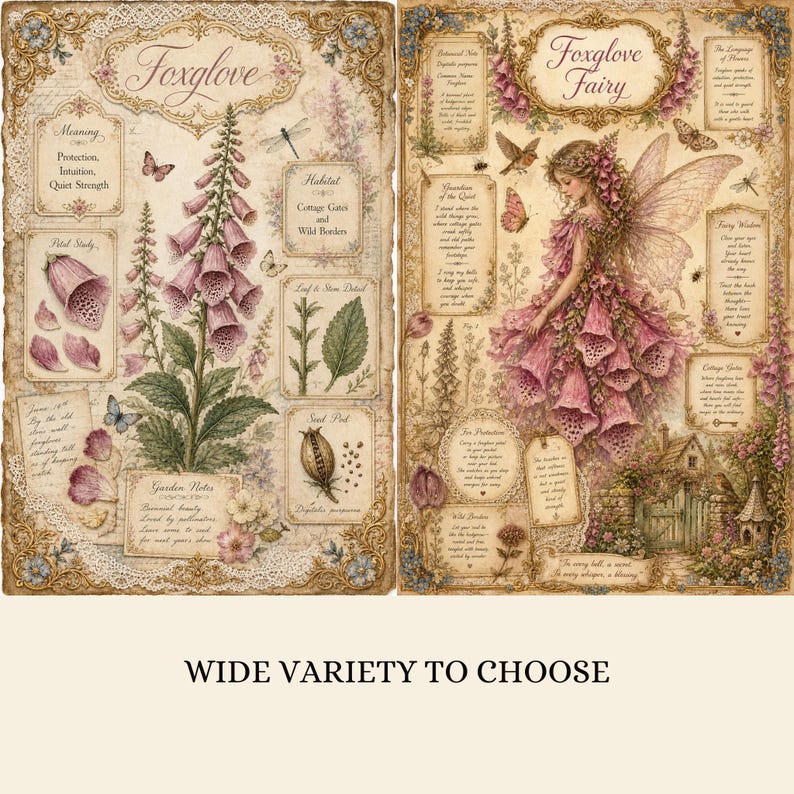 May include: Two rectangular decorative prints featuring botanical and fantasy themes. The left print displays a foxglove plant with text labels for meaning, habitat, and garden notes. The right print depicts a fairy in a foxglove dress with text.