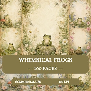 Whimsical Frogs Junk Journal Pages, 100 A4 Printable, Cottagecore Papers, Scrapbook kit, Watercolour Nature Ephemera, Digital Download