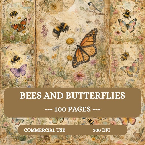 Bees and Butterflies Junk Journal Pages, 100 A4 Printable Nature Watercolour Papers, Whimsical Garden Digital Papers, Scrapbook Collage