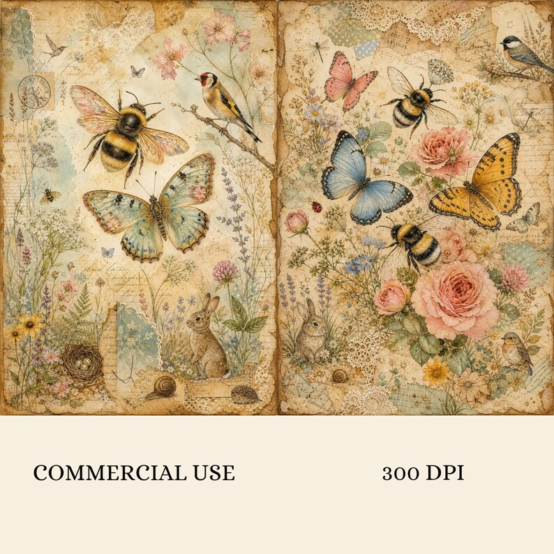 May include: A digital collage sheet featuring two panels with vintage-style illustrations of bumblebees, butterflies, rabbits, birds, and floral arrangements on a textured, aged paper background with lace accents and script text overlays.