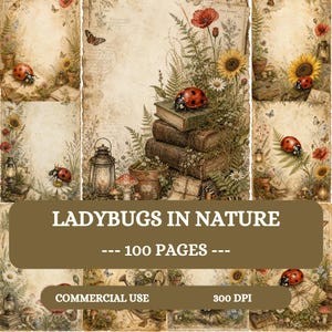 Könnte beinhalten: Eine Sammlung digitaler Papierdesigns mit Marienkäfern, Sonnenblumen, Mohnblumen, Farnen und alten Büchern. Der Text LADYBUGS IN NATURE, 100 PAGES, COMMERCIAL USE und 300 DPI ist über der Collage aus botanischen Illustrationen abgebildet.