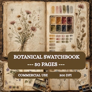 Libro de muestras botánicas vintage, páginas para diario creativo, páginas horizontales para libros, 50 papeles digitales, estilo shabby chic, kit de diario con efímeros