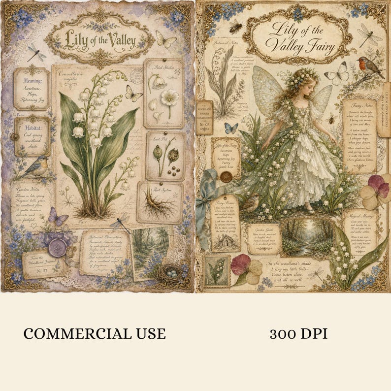 May include: Two decorative paper sheets featuring vintage-style botanical illustrations of Lily of the Valley flowers, a fairy figure, butterflies, dragonflies, and birds, with ornate frames, handwritten script text, and detailed floral motifs.