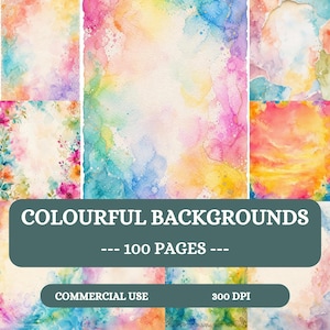 May include: A collection of watercolor backgrounds featuring vibrant splashes of pink, yellow, blue, and purple. The image includes text that reads COLOURFUL BACKGROUNDS, 100 PAGES, COMMERCIAL USE, and 300 DPI over a dark teal rectangular overlay.